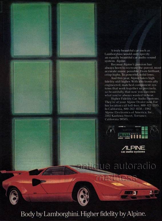 ALPINE car stereo advertisement (Lamborghini) 1982
