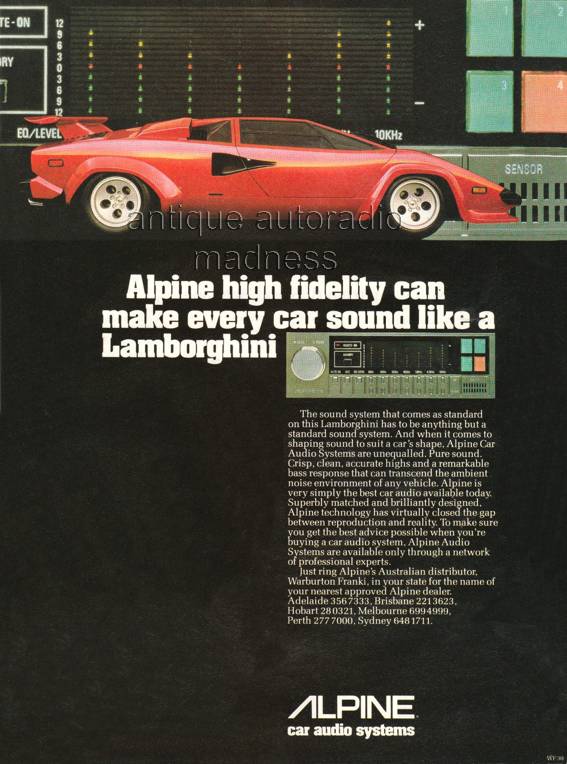 ALPINE car stereo advertisement (Lamborghini) 1983